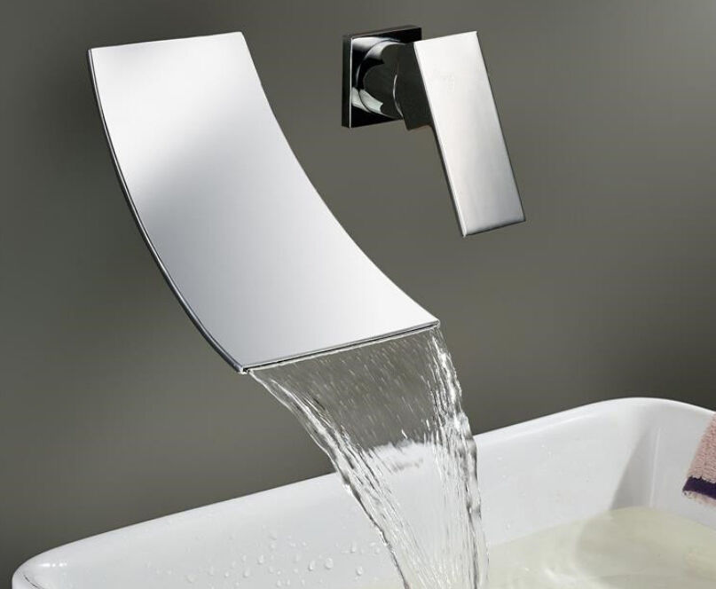 Wall Mounted Waterfall Bathroom Faucet Chrome Brass Spout ...
